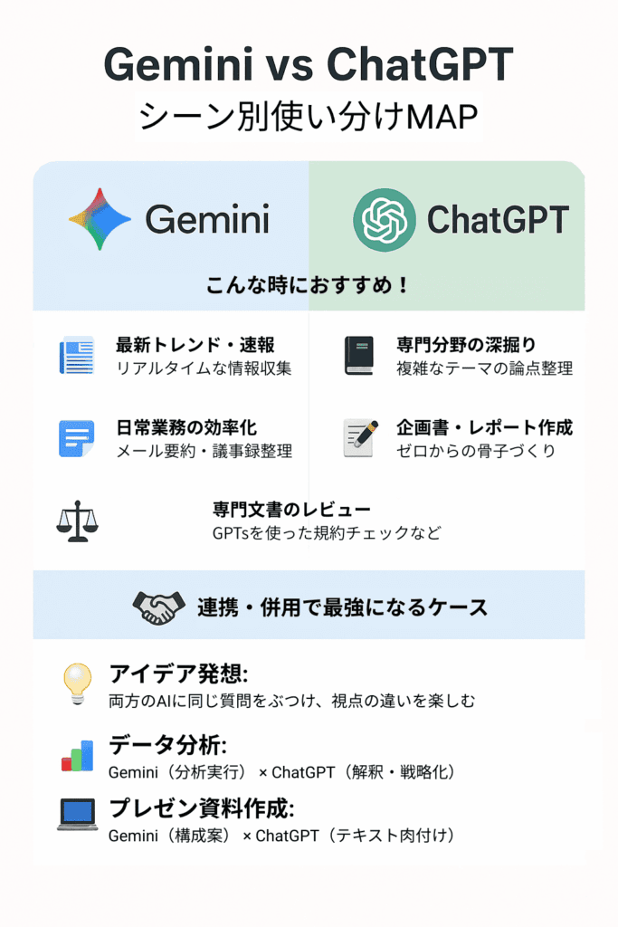 GeminiとChatGPTの得意な使い方を比較した図解。左にGemini、右にChatGPT、それぞれの強みをアイコン付きで一覧表示し、下部には両者を連携活用する具体例を掲載。