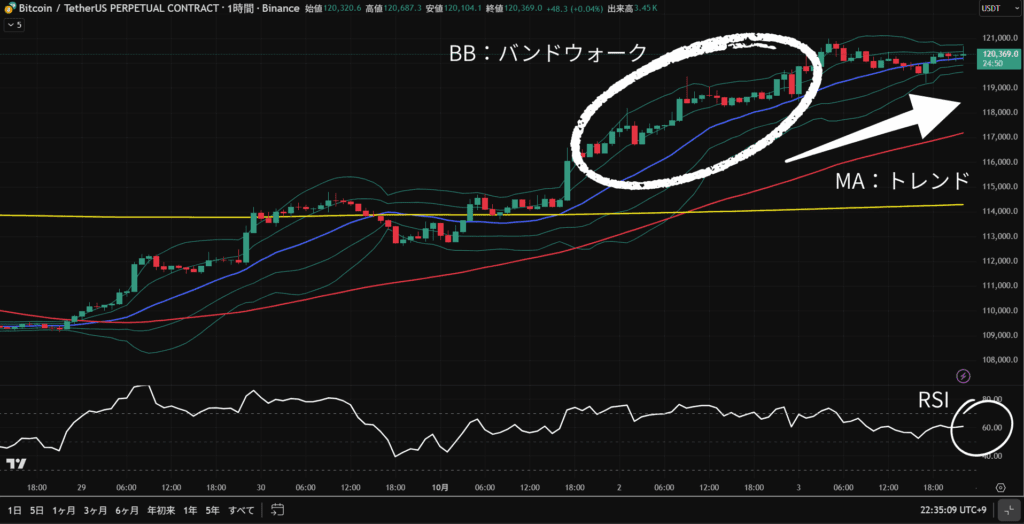 ビットコイン（BTC/USDT）1時間足チャート。ボリンジャーバンド、移動平均線（20・80・480）、RSIを表示。Gemini Advancedの分析対象。