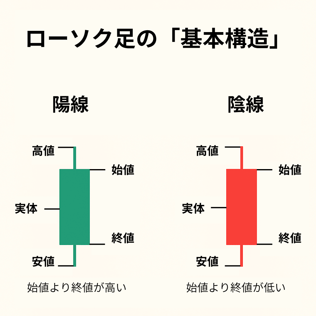 ローソク足の基本構造を示す図。陽線（緑）と陰線（赤）を並べ、それぞれ高値・安値・始値・終値の位置を表示。陽線は「始値より終値が高い」、陰線は「始値より終値が低い」と説明。