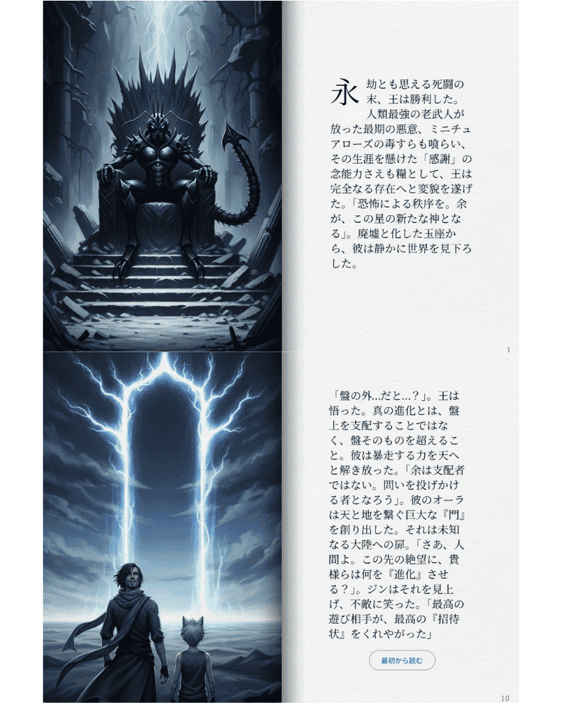 Gemini Storybookで生成されたHUNTER×HUNTER ifストーリー。1ページ目はネテロとメルエムの戦いの始まり、最終ページではジンが光の門を前に人類と蟻の融合という新秩序を示唆する結末が描かれている。