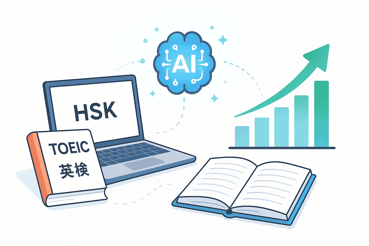 Gemini Advancedを使ったTOEIC・HSK・英検の資格試験対策を表現したアイキャッチ画像。AIが参考書・PC・右肩上がりのグラフとつながり、学習の効率化とスコアアップを視覚的に示す構図。