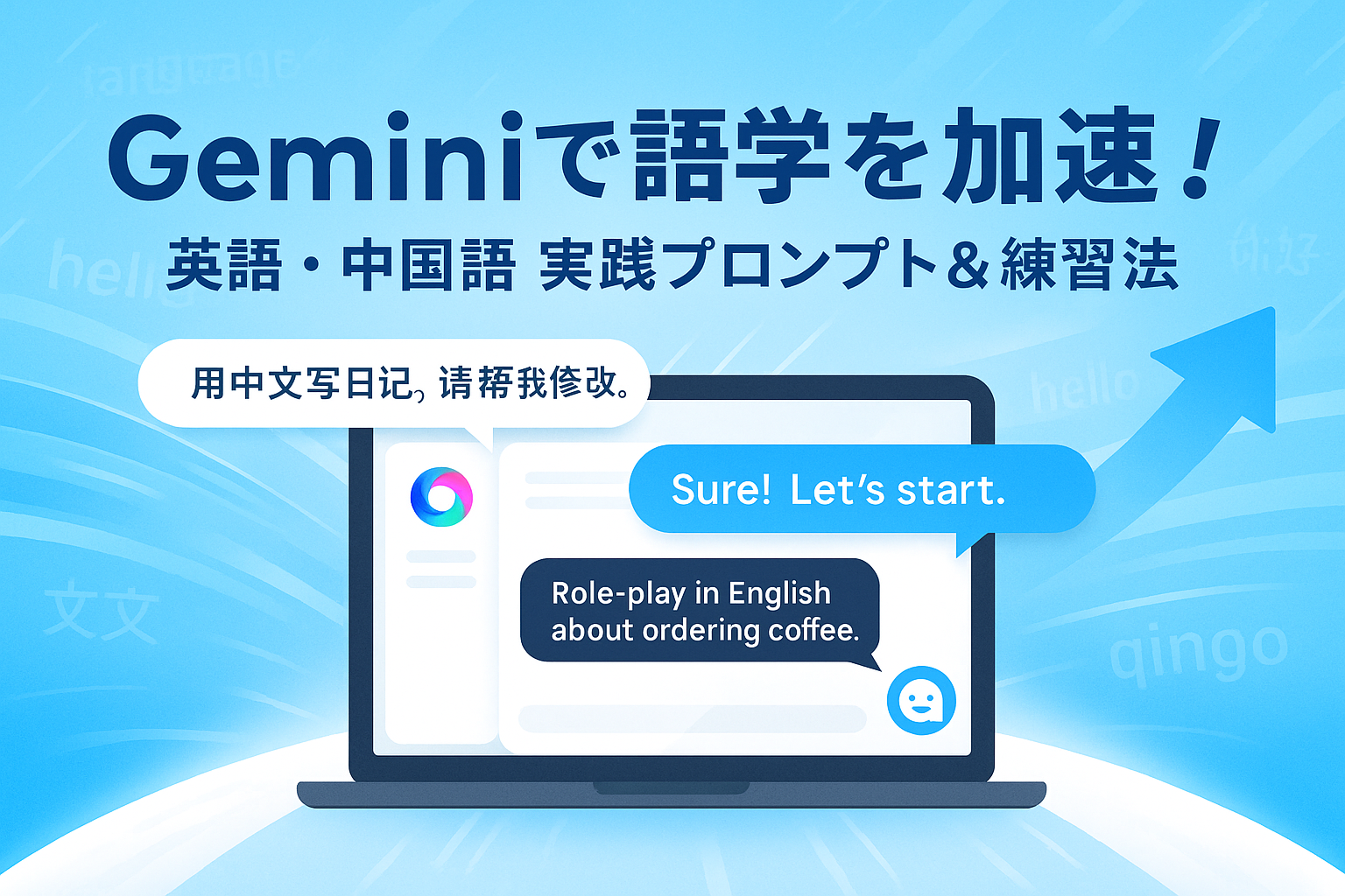Gemini Advancedを使った英語・中国語の語学学習【実践編】のアイキャッチ画像。PC画面にプロンプトが入力され、AI（Gemini）と英語・中国語で対話しながら学習が加速するイメージ図。