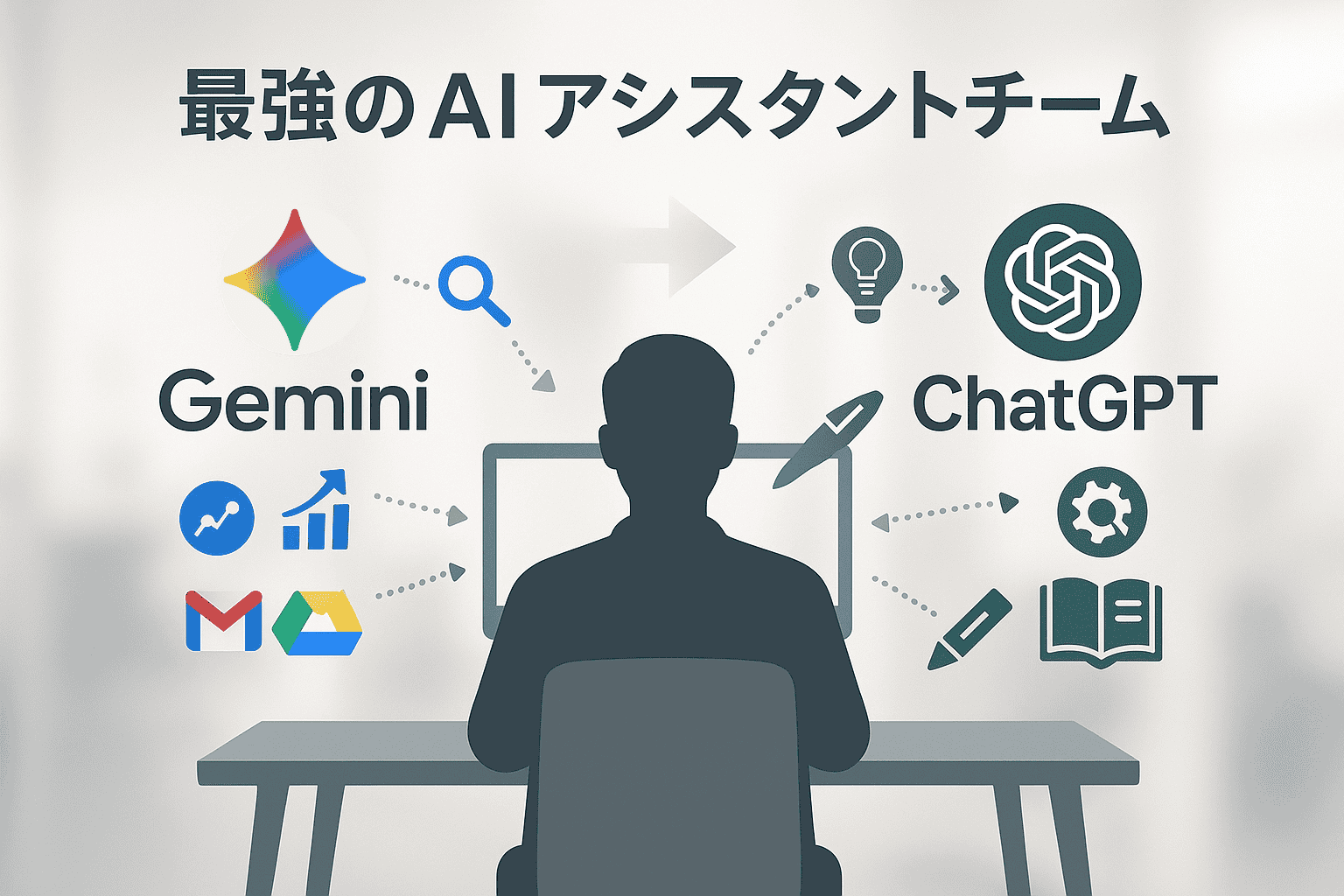 デスクに向かう人物と、それをサポートする2つのAIアシスタント（左にGemini＝検索・データ分析・Google連携、右にChatGPT＝アイデア・執筆・専門性）が描かれたイラスト。情報が人物に流れ込む様子が視覚化され、AIの連携を象徴。